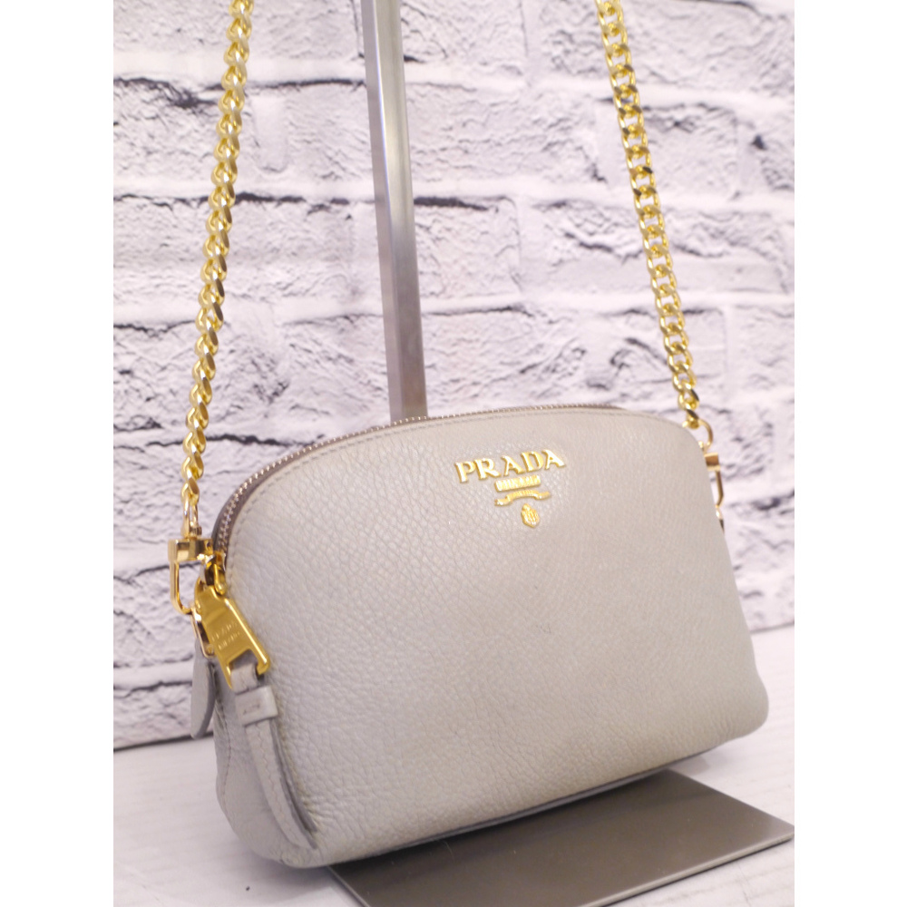 PRADA VITELLO DAINO Chain Strap Crossbody Leather Shoulder Bag Clutch Grey